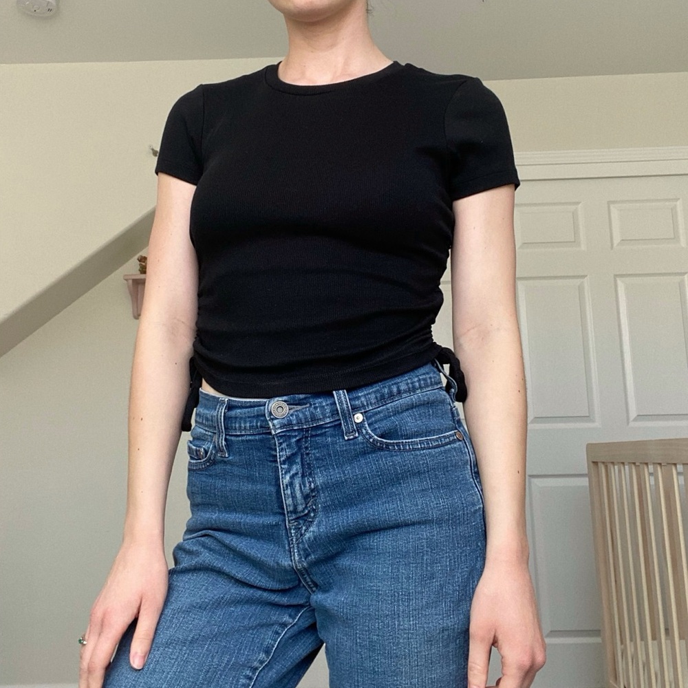 Guess black ruched drawstring ribbed crop top